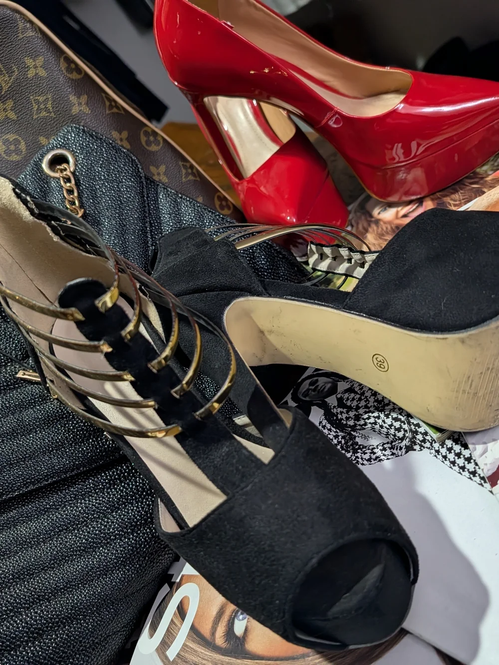 Black Suede Platform Heels with Gold Cage Detail - Women's